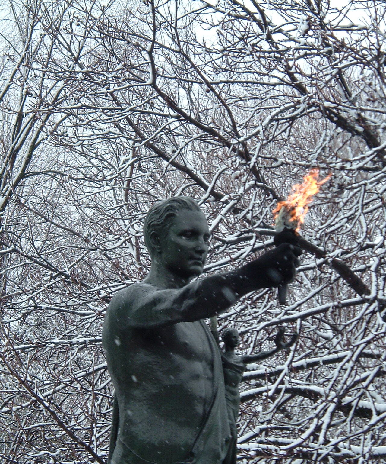 Torchbearer with snow covered trees in background 